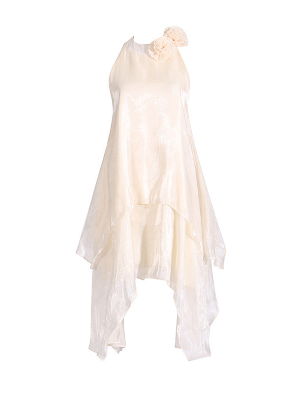 Double Layered Shiny Three-Dimensional Flower High Waisted Loose Halter-Neck Midi Dresses