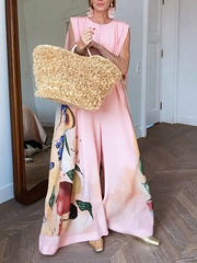 Loose Sleeveless Flower Print Round-Neck Jumpsuits