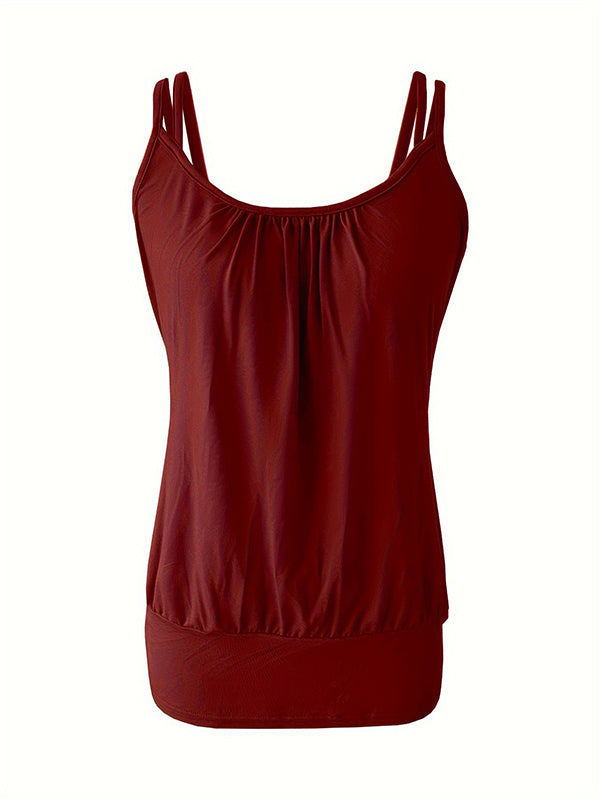 Pleated Solid Color Loose Sleeveless Spaghetti-Neck Vest Top