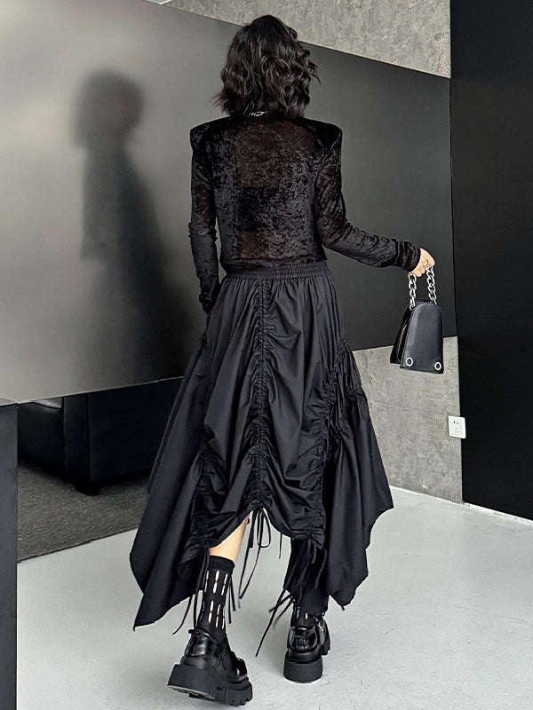 Asymmetric Drawstring Pleated Solid Color A-Line Elasticated Waist Skirts Bottoms