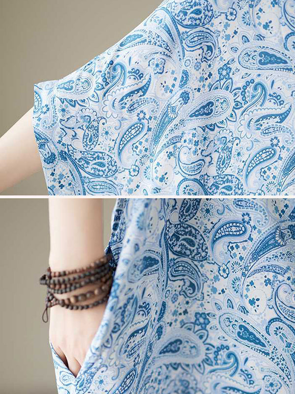 Printed Batwing Sleeves Loose V-Neck Maxi Dresses