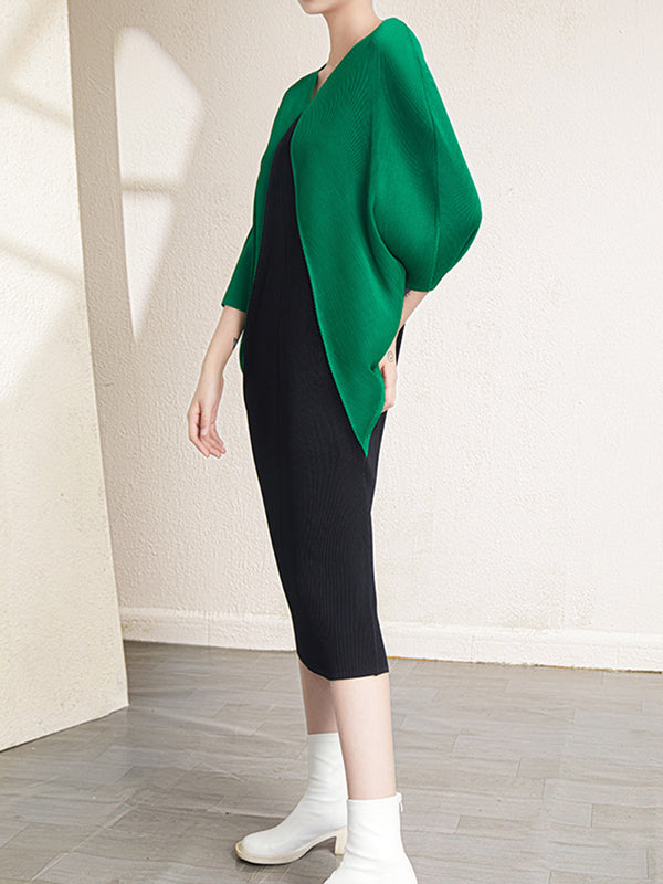 Urban Batwing Sleeves Contrast Color Pleated V-Neck Midi Dresses