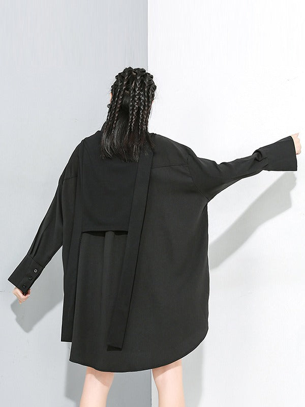 Irregular Clipping Long Sleeves Split-Joint Lapel Two Pieces Blouse