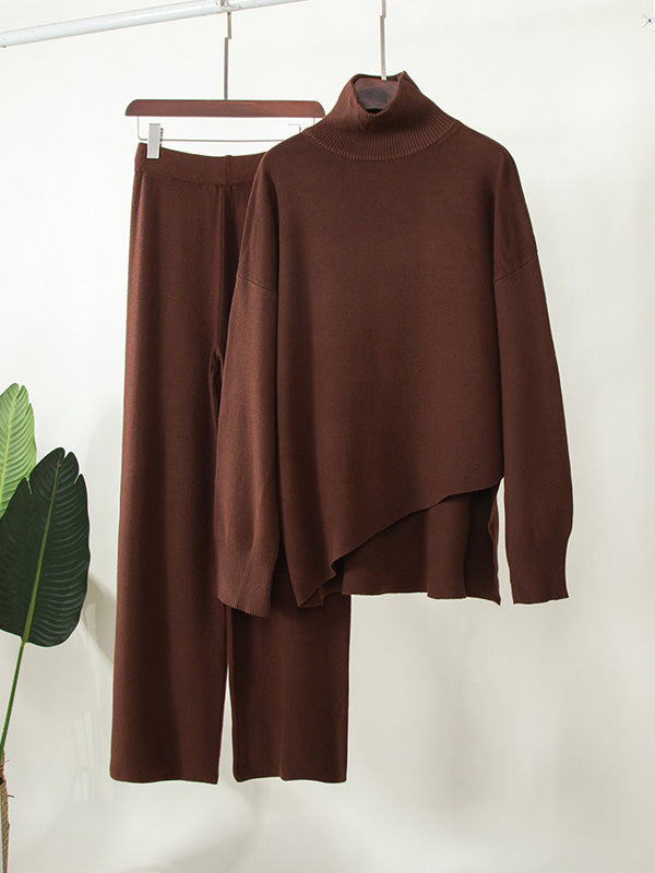 Casual Solid Color Irregularity High-Neck Sweater& Wide Leg Pants Suits