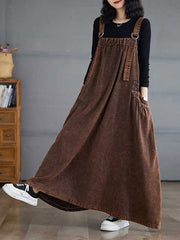 Pleated Pockets Solid Color Split-Joint A-Line Loose Spaghetti-Neck Suspender Dress