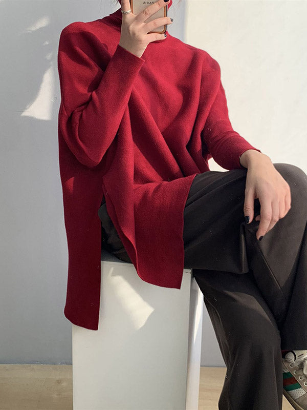 Original 4 Colors Split-Side High-Neck Long Sleeves Sweater Top