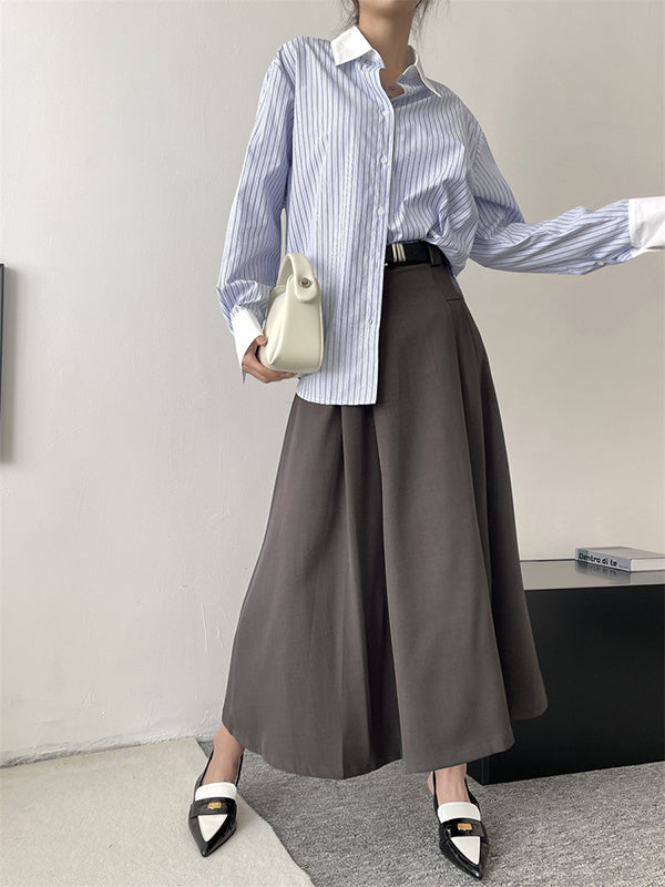 Pleated Split-Joint Striped Irregular Clipping Lapel Blouses