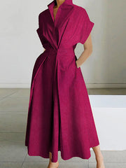 Buttoned Pleated Pockets Solid Color High Waisted Loose Stand Collar Midi Dresses