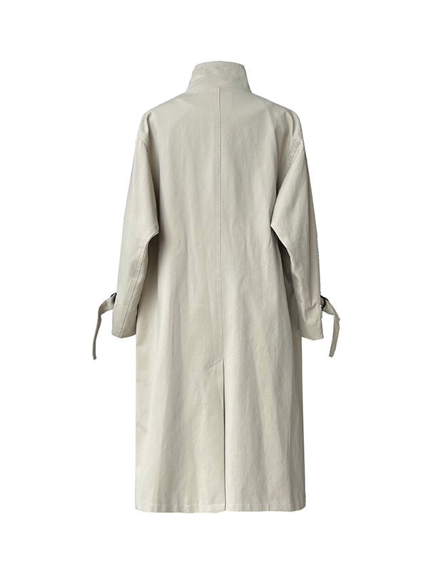 Asymmetric Buckle Solid Color Long Sleeves Loose Stand Collar Trench Coats