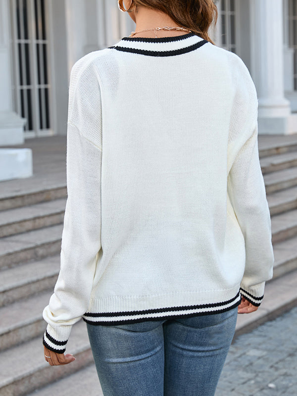 Contrast Color Split-Joint Long Sleeves Loose V-Neck Cardigan Tops