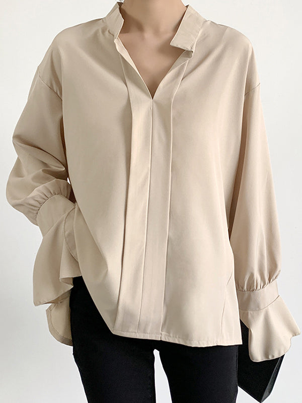 Buttoned Solid Color Split-Side Flared Sleeves High-Low V-Neck Blouses&Shirts Tops