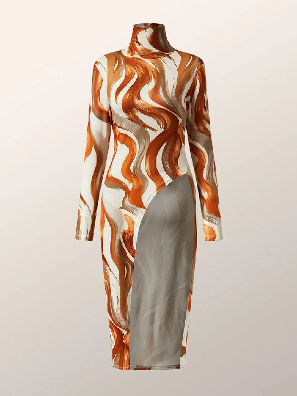 Printed High-low Long Sleeves High-neck T-Shirts Tops