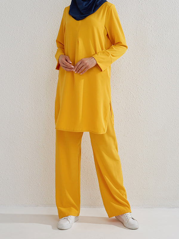 Round-Neck Long Sleeves Pockets Solid Color Split-Side Shirts Top + Pants Bottom Two Pieces Set