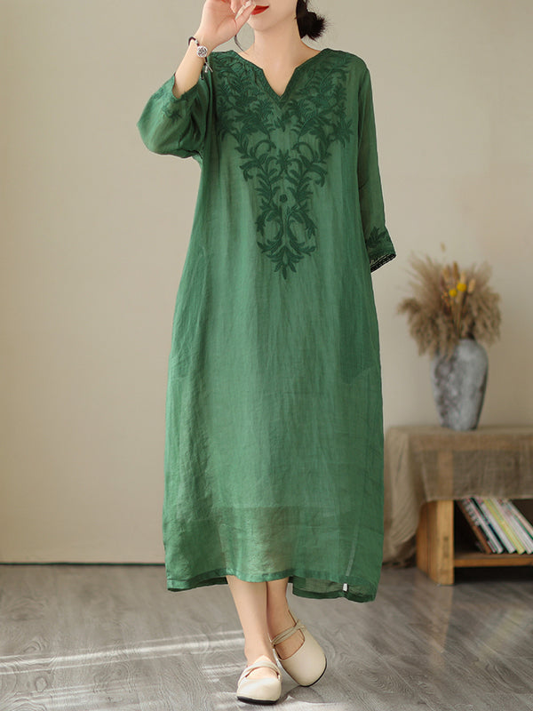 Embroidered Solid Color A-Line Loose V-Neck Midi Dresses