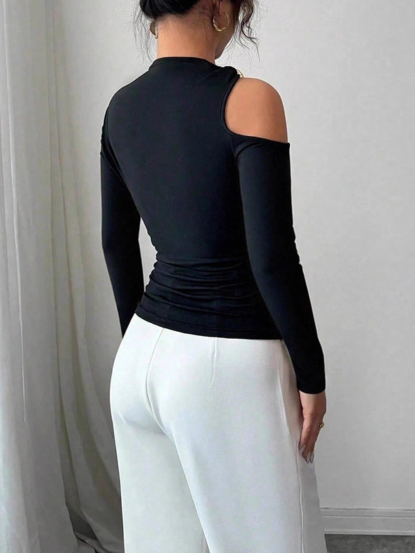 Asymmetric Solid Color Long Sleeves Skinny Asymmetric Neckline T-Shirts