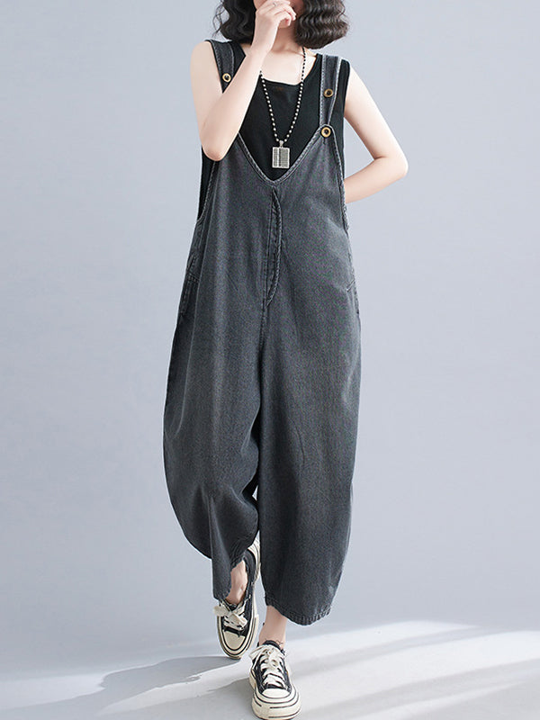 Buttoned Cropped Loose Denim Overalls