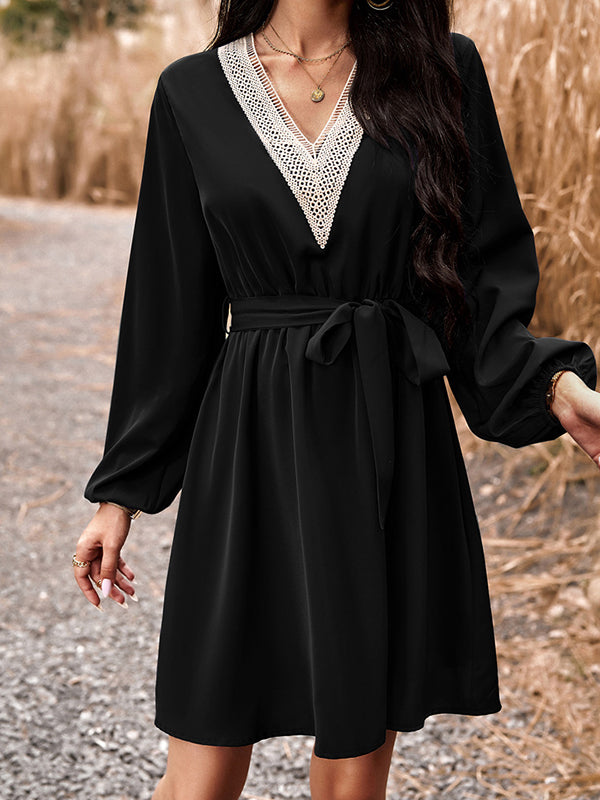 Elasticity Hollow Split-Joint Tied Waist Long Sleeves Loose V-Neck Mini Dresses
