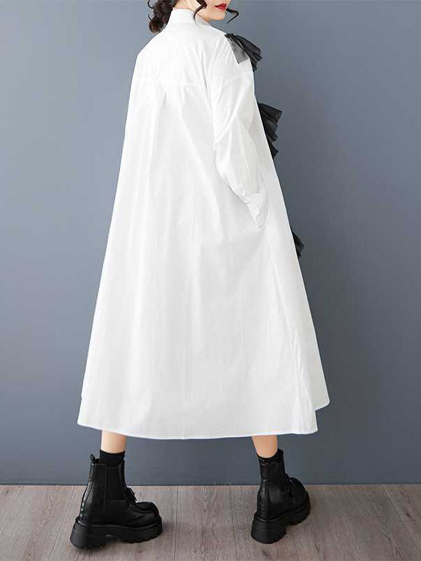 Buttoned Split-Joint A-Line Long Sleeves Lapel Shirt Dress Midi Dresses