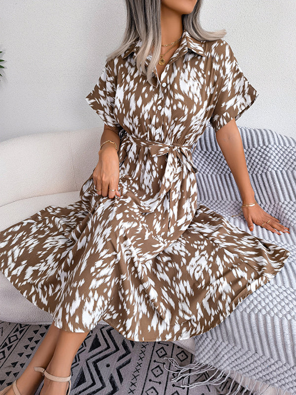 Leopard Ribbed Loose Short Sleeves Lapel Midi Dresses