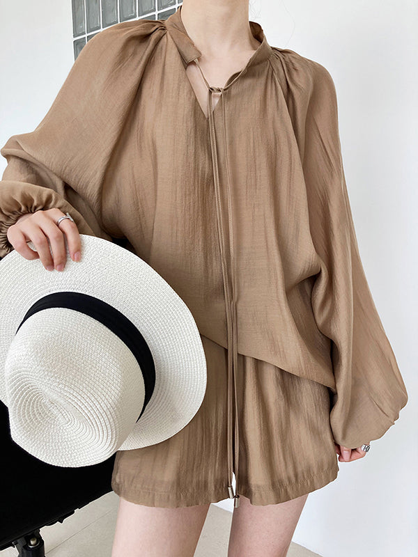 Casual Loose Solid Color Puff Sleeves Blouse&Wide Leg Shorts Two Pieces Set