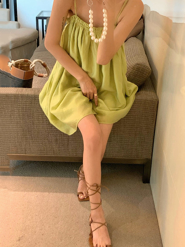 Pleated Solid Color Loose Sleeveless Spaghetti-Neck Slip Dress Mini Dresses