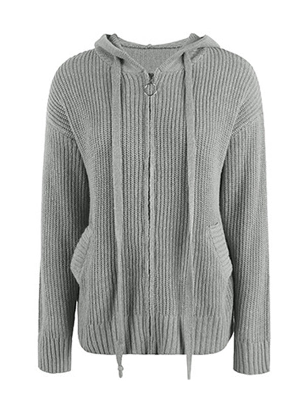 Casual Long Sleeves Hooded Solid Color Cardigan Tops