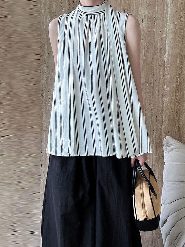 Lace-Up Pleated Split-Joint Streamer Striped Loose Sleeveless Stand Collar Vest Top