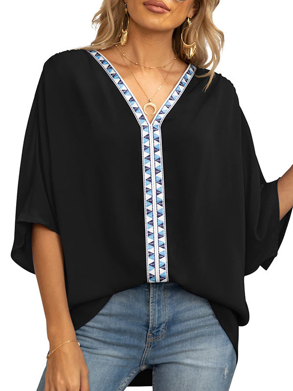 Split-Joint Batwing Sleeves Loose V-neck Blouses&shirts Tops