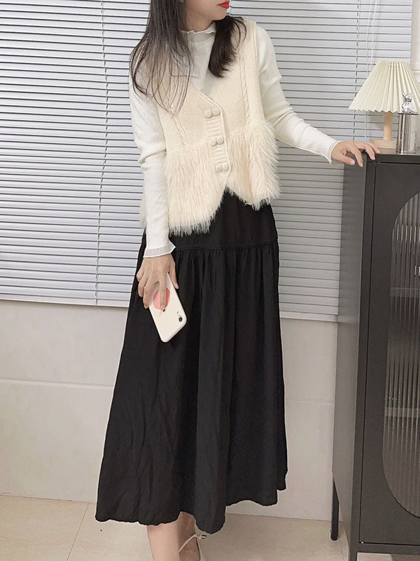 Buttoned Solid Color Split-Joint Loose Sleeveless V-Neck Vest Outerwear