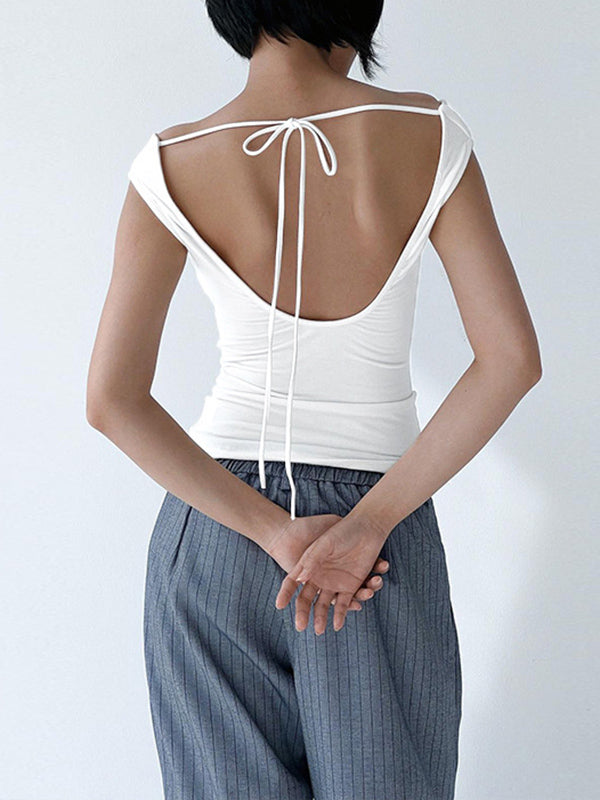Backless Solid Color Split-Joint Tied Skinny Sleeveless Off-The-Shoulder T-Shirts Tops