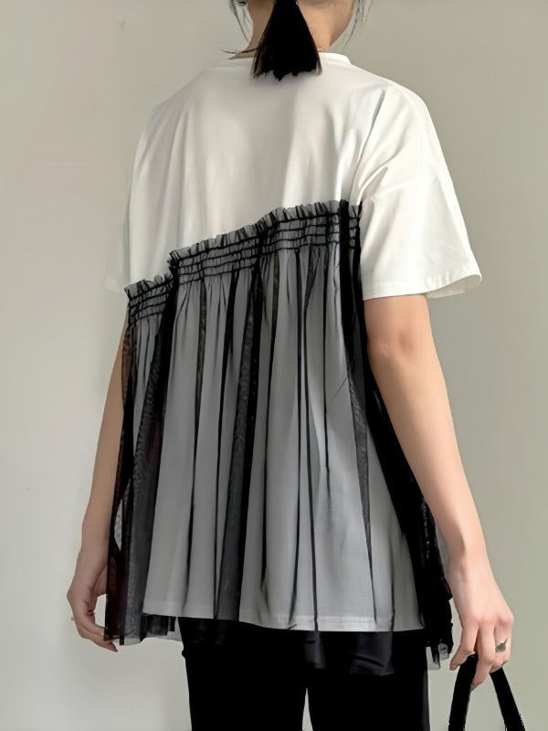 Asymmetric Mesh Split-Joint Loose Short Sleeves Round-Neck T-Shirts Tops