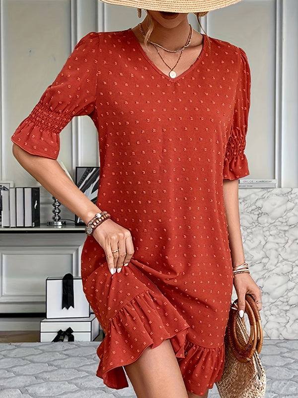 Elasticity Jacquard Pleated Solid Color Split-Joint A-Line Flared Sleeves V-Neck Mini Dresses