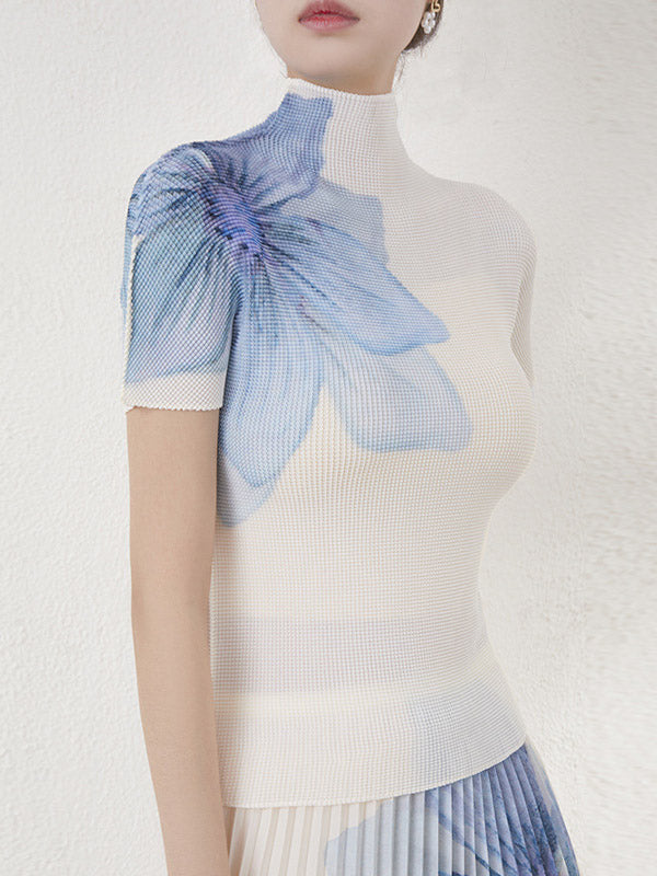 Flower Print Pleated Short Sleeves Mock Neck T-Shirts Tops