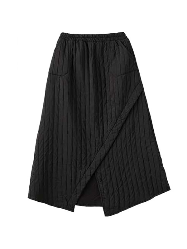 Asymmetric Elasticity Pockets Quilted Solid Color High Waisted Loose Skirts Bottoms