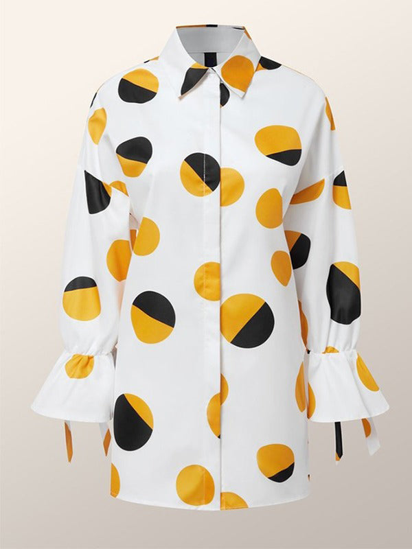 Contrast Color Polka Dot Printed Long Sleeves Loose Lapel Blouses