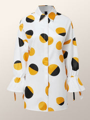 Contrast Color Polka Dot Printed Long Sleeves Loose Lapel Blouses