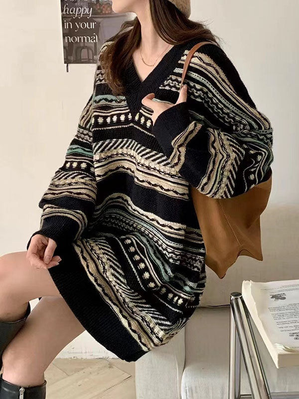 Striped Velvet Long Sleeves Loose V-Neck Sweater Dresses Pullovers