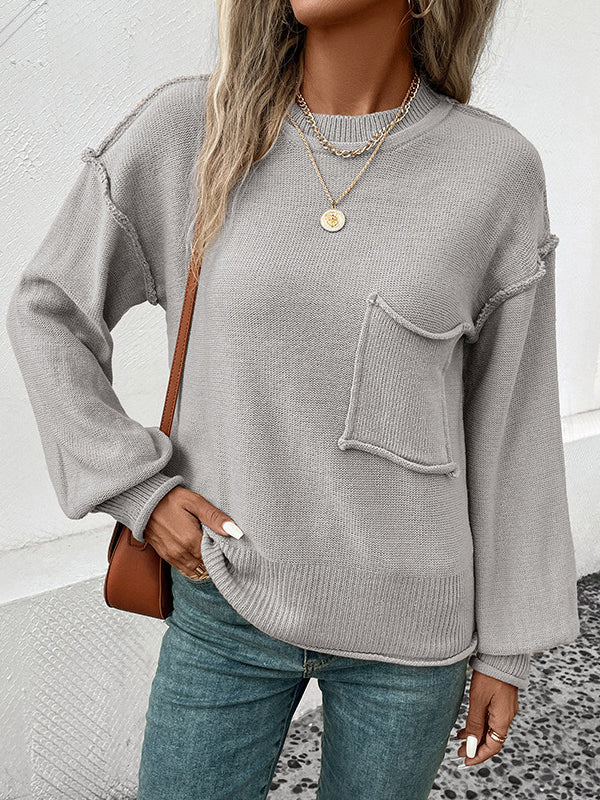 Pockets Solid Color Split-Joint Long Sleeves Loose Round-Neck Sweater Tops Pullovers