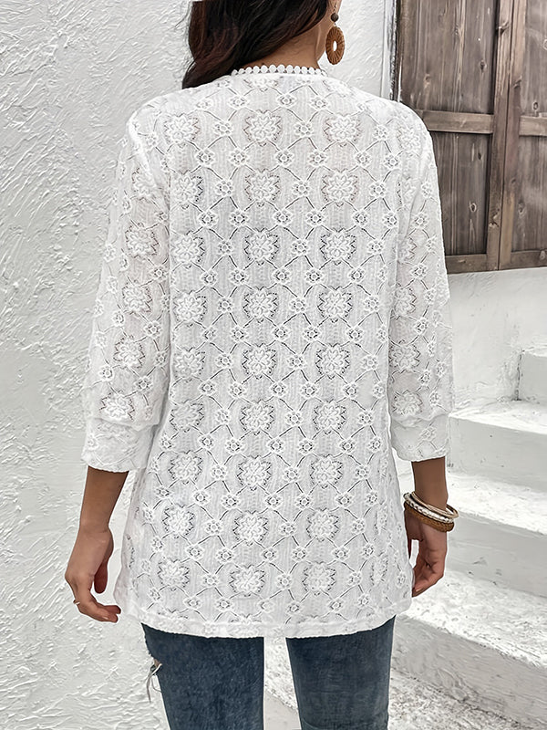 Solid Color Split-Joint Wood Ear Lace Loose Three-Quarter Sleeves Collarless Outerwear