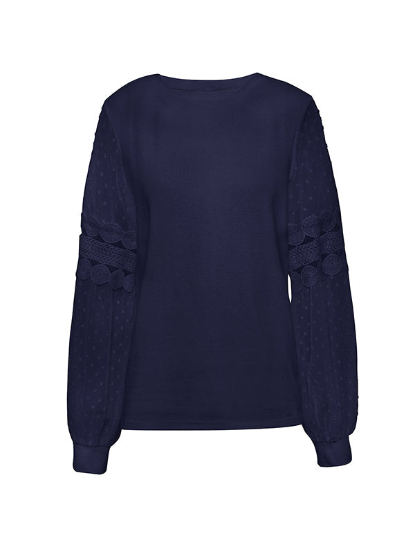 Hollow Solid Color Split-Joint Long Sleeves Puff Sleeves Round-Neck T-Shirts Tops