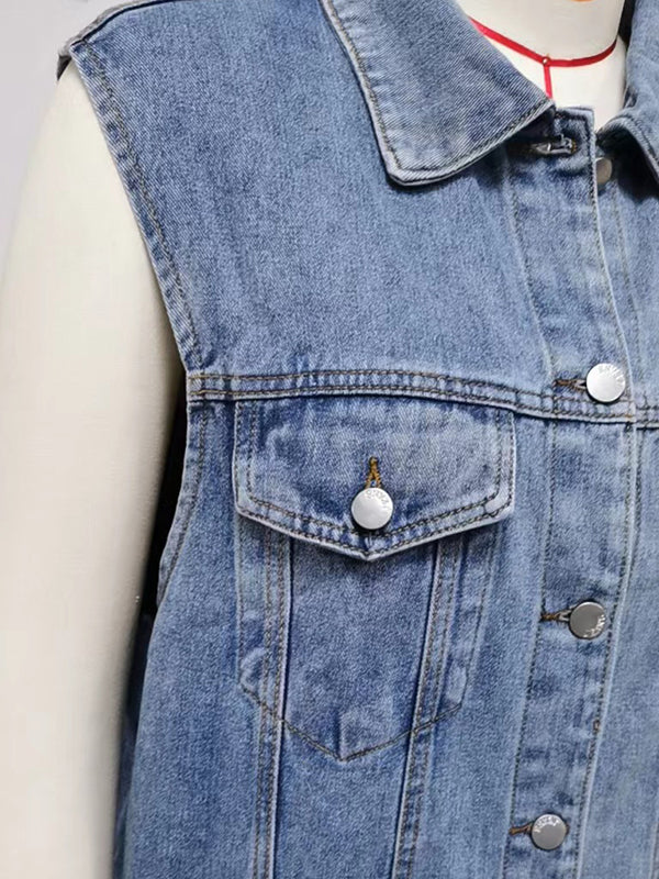 Buttoned Drawstring Pockets Split-Joint Loose Sleeveless Polo Vest Outerwear