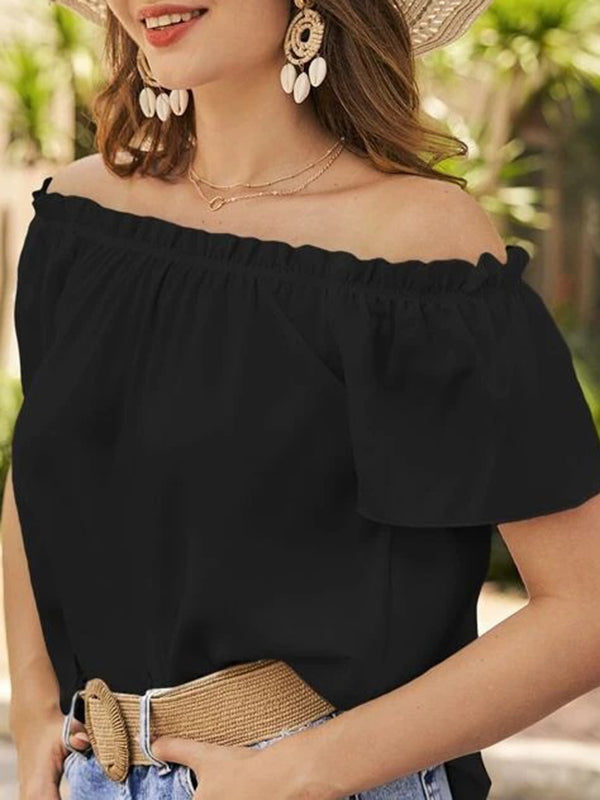 Elasticity Ruffle Trim Solid Color Loose Short Sleeves Off-The-Shoulder Blouses&Shirts Tops