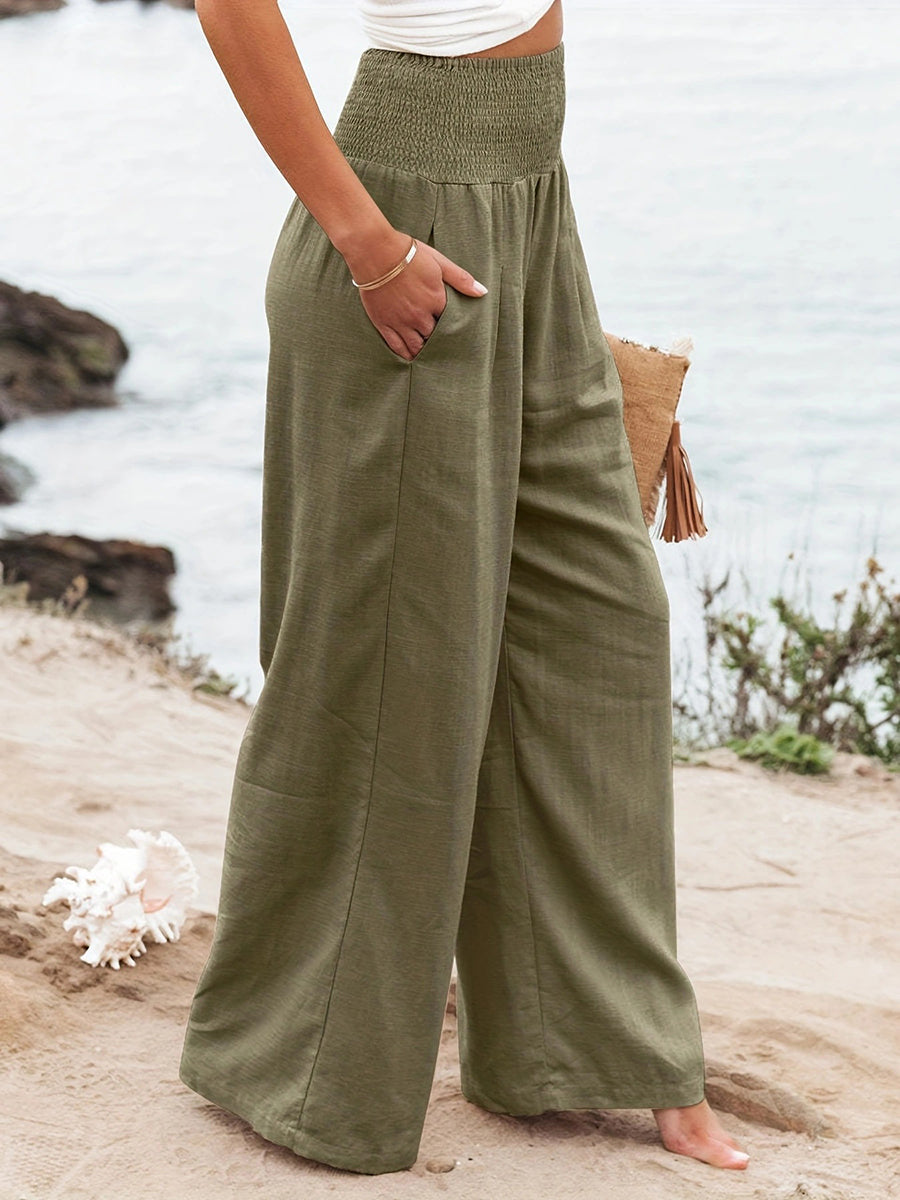 Pleated Pockets Solid Color Split-Joint Elasticated Waist High Waisted Pants