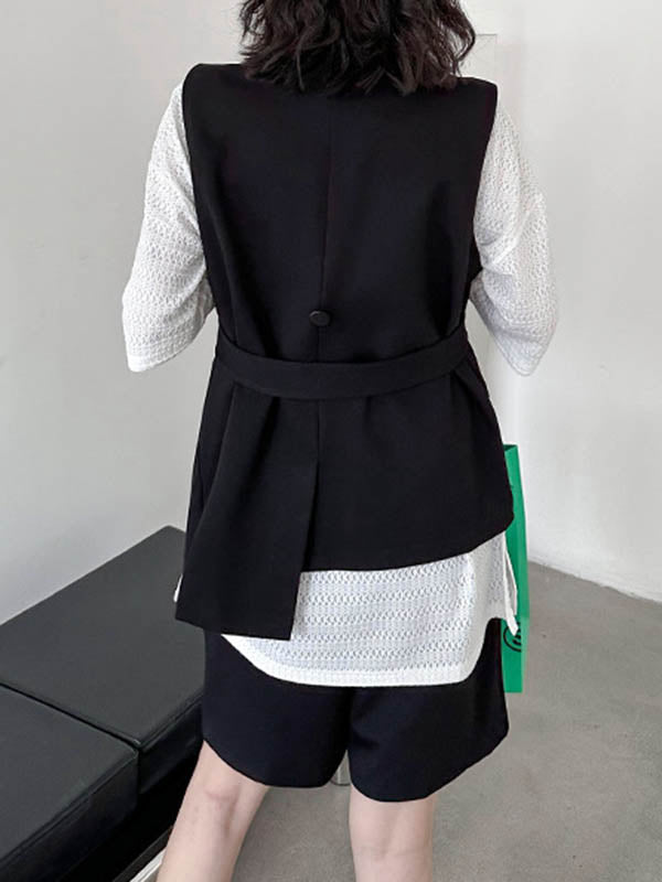Asymmetric Split-Joint Tied Waist Loose Sleeveless V-neck Vest Outerwear