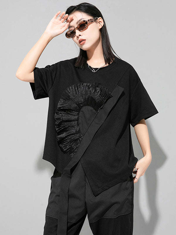Stylish Black White Irregular Applique T-Shirt