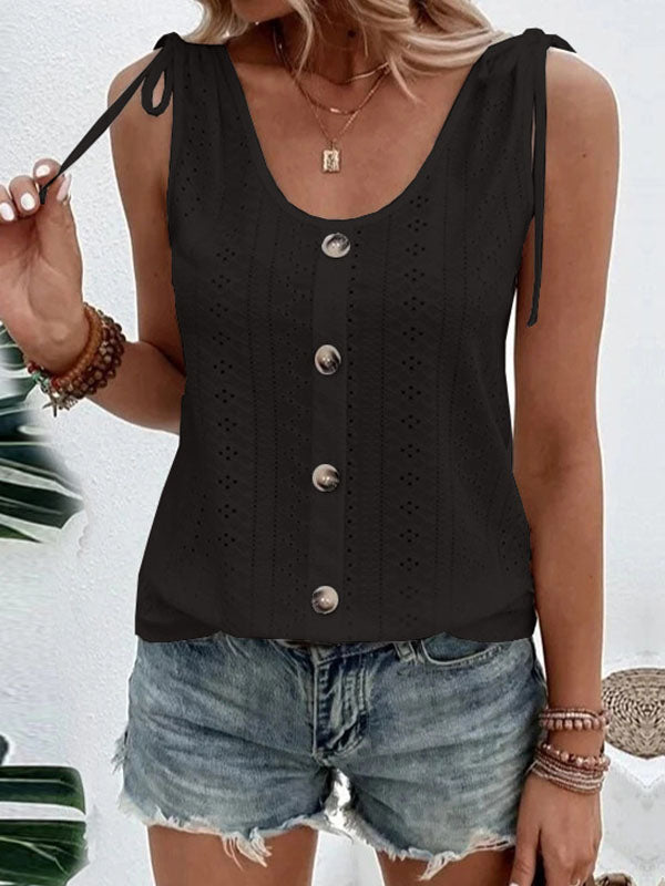 Buttoned Hollow Pleated Split-Joint Tied Loose Plus Size U-neck Vest Top