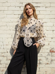 Long Sleeves Loose Buttoned Elasticity Polka-Dot Ruffle Trim See-Through V-Neck Blouses&Shirts Tops