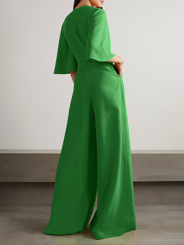 Loose Short Sleeves Solid Color Round-Neck Jumpsuits
