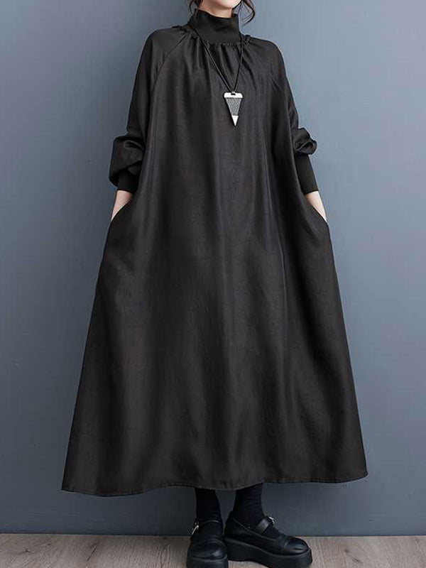 Pleated Pockets Solid Color Split-Joint A-Line Long Sleeves High Neck Midi Dresses