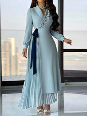Asymmetric Contrast Color Pleated Rhinestone Shiny Split-Joint Streamer Elasticated Waist High Waisted Lapel Maxi Dresses